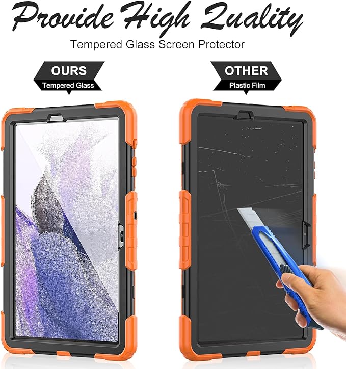 Tablet Case for Samsung Galaxy Tab S8 Plus 2022/S7 FE/S7 Plus 5G 12.4" [with 9H Tempered Glass Screen Protector],Rotating Kickstand/S Pen Holder/Shoulder & Hand Strap (Orange)