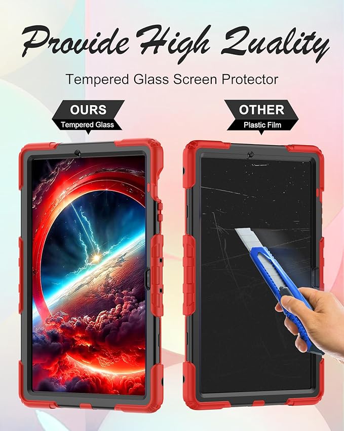 Case for Samsung Galaxy Tab S10 FE Plus 5G Tablet 13.1'', Shockproof Protective Cover with Tempered Glass Screen Protector, Rotatable Kickstand, S Pen Holder, Hand/Shoulder Strap, Red