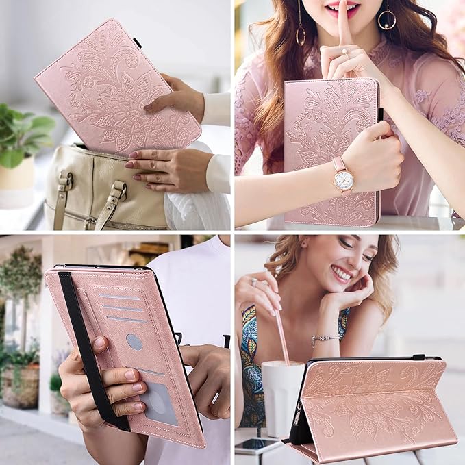 Case for Lenovo Tab M10 Plus 3rd Gen 10.6 Inch 2022 (TB125FU/128FU), Embossed Lace PU Leather Flip Folio Tablet Case with Elastic Band & Card Slots/Holder, Multi-Angle Viewing Stand Cover, Rose Gold