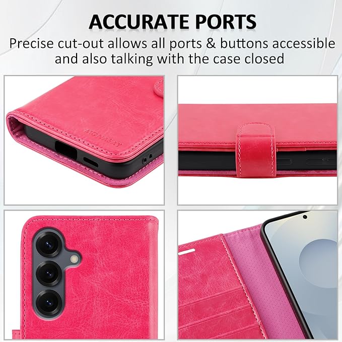 MONASAY Wallet Case Fit for Samsung Galaxy S25 5G, [Lens & Glass Screen Protector Included] [RFID Blocking] Flip Folio Leather Cell Phone Cover with Credit Card Holder, 6.2 inch, Hot-Pink