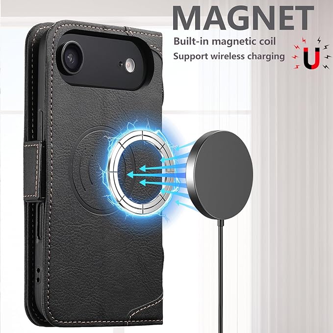 Wallet Case for iPhone 17 Air Compatible With MagSafe & Wireless Charging, Leather,3 Card Slots & ID Holder, Kickstand, Magnetic 360° Military Shockproof Protection for iphone air Premium Black