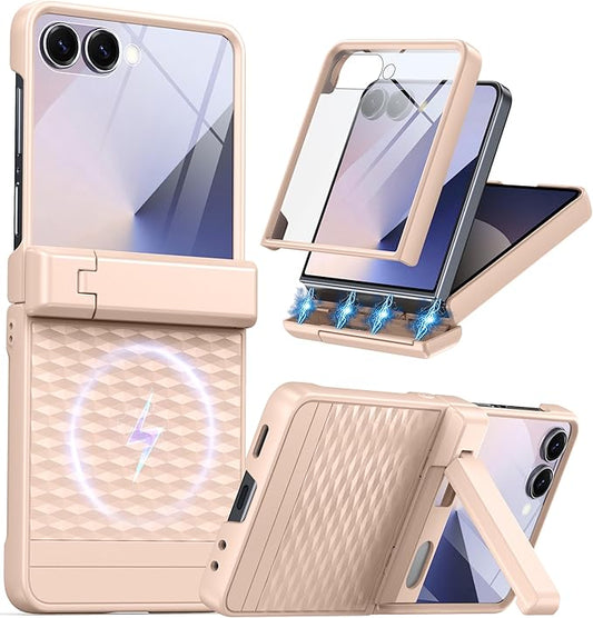 Magnetic for Samsung Galaxy Z Flip 7 Case [Hinge Protection＆Kickstand][Compatible with MagSafe][Built-in Screen Protector] Full-Body Military Protection Phone Case for Samsung Z Flip 7 Gold