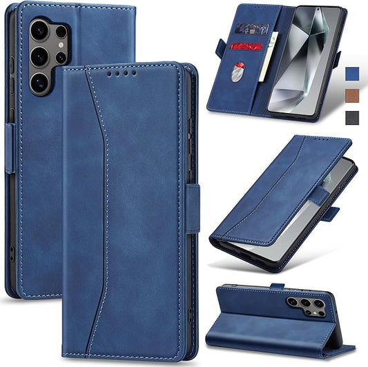 Jasonyu Flip Wallet Case for Samsung S24 Ultra 5G,Leather Magnetic Folio Cover with Card Holder,Kickstand - TPU Shockproof Durable Protective Phone Case,Blue