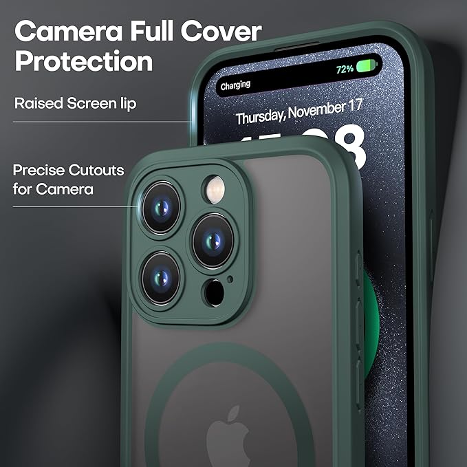 ImpactStrong Magnetic Guard Designed for iPhone 15 Pro Case [Camera Protection] [Military Grade Drop Tested] [Compatible with MagSafe] Slim Translucent Matte Phone Case (6.1") - Dark Green