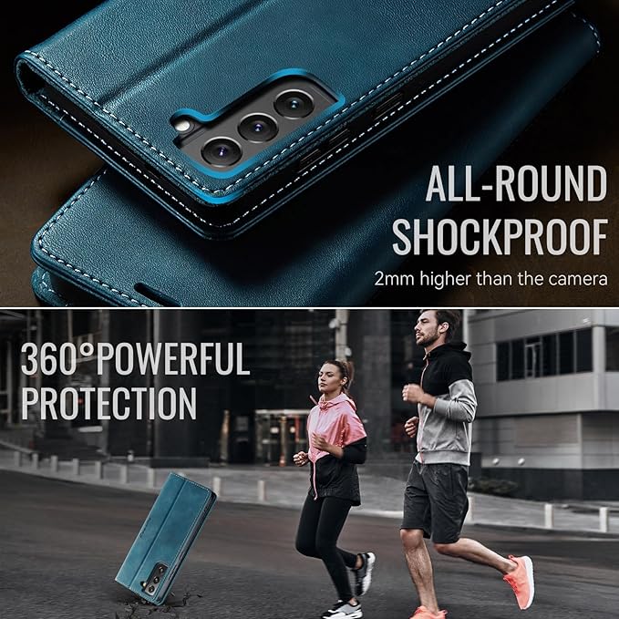 Wallet Case for Samsung Galaxy S22 Leather Wallet Flip Cover with Card Holder, Kickstand, Magnetic Closure, RFID Blocking TPU Shockproof Phone Case Compatible with S22, Blue-Green