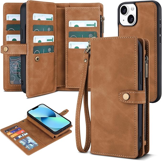 TwoHead Designed for iPhone 13 Wallet Case with Card Holder,Detachable Magnetic Phone Case with Wallet PU Leather Wallet Phone Case for iPhone 13 Case Wallet for Women/Men with Wrist Strap(Brown)