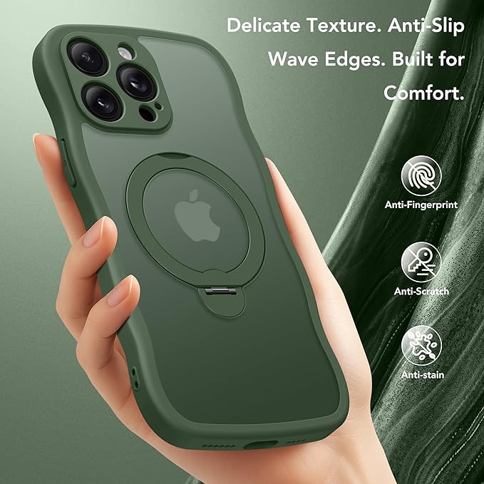 GolbinBox for iPhone 13 Pro Case for Women,[Compatible with Magsafe][360° Spin Magnetic Stand][Cute Wave Edge][Military-Grade Protection] Translucent Matte Phone Case for iPhone 13 Pro, Green
