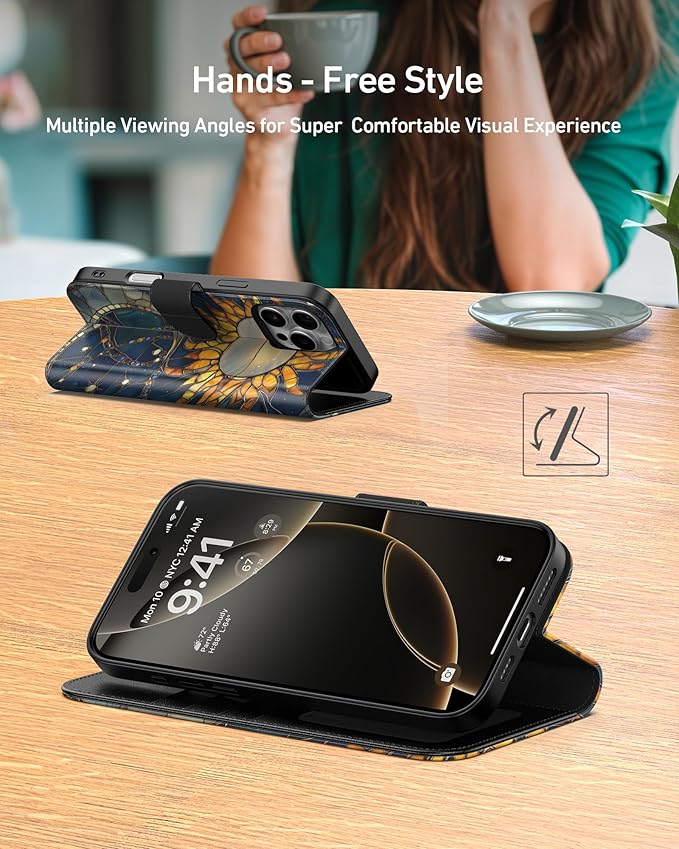 DEENAKIN for iPhone 16 Pro Wallet Case with Card Holder + Cash Clip, RFID-Blocking, Military-Grade Drop Protection, Magnetic Closure with Leather Kickstand - Solar Lunar Harmony