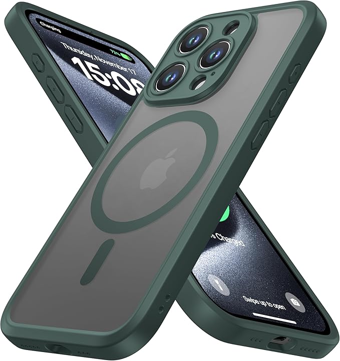 ImpactStrong Magnetic Guard Designed for iPhone 15 Pro Case [Camera Protection] [Military Grade Drop Tested] [Compatible with MagSafe] Slim Translucent Matte Phone Case (6.1") - Dark Green