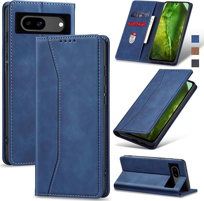 Jasonyu Flip Wallet Case for Google Pixel 8A,Leather Magnetic Folio Cover with Card Holder,Kickstand - TPU Shockproof Durable Protective Phone Case,Blue