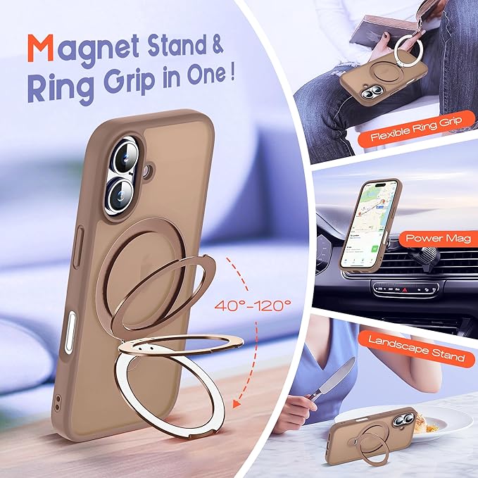 Designed for iPhone 15 Pro Max Case with Magnetic Ring Stand [Compatible with Mag-Safe] [Military Drop Protection] Shockproof Translucent Phone Cover 6.7" for Women Men,Brown