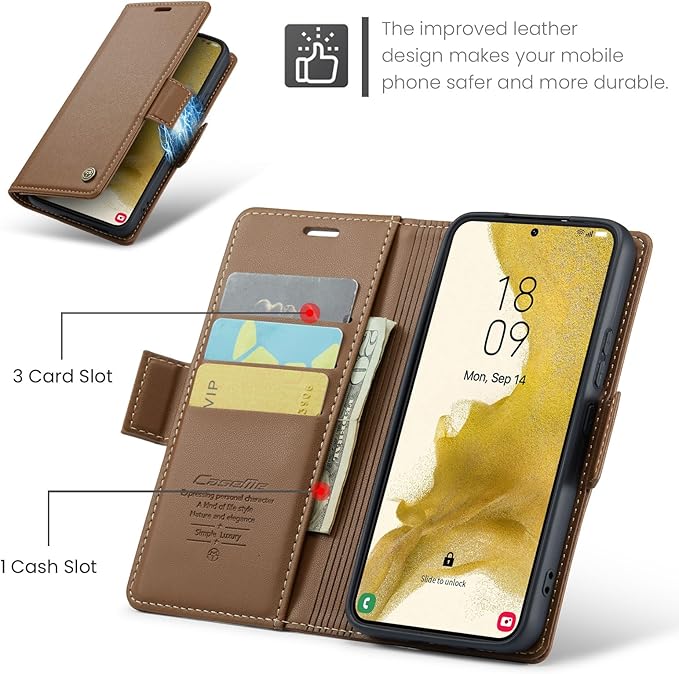 AUPAI for Samsung Galaxy S22 Plus Wallet Case with Credit Card Holder, PU Leather RFID Blocking Folio Flip Kickstand Magnetic Clasp Protective Phone Cover for Women Men Brown