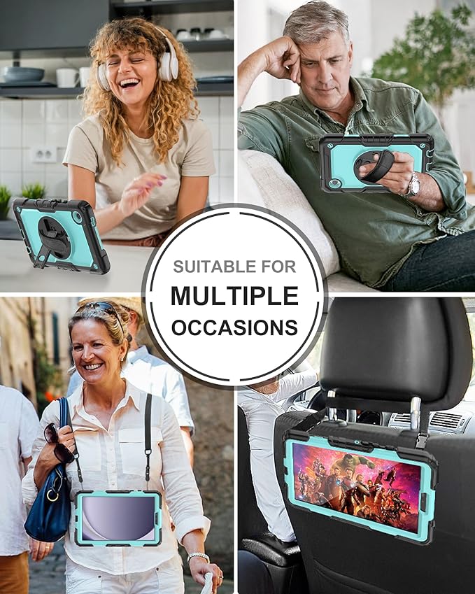 Case for Samsung Galaxy Tab A9 Tablet Case 8.7 inch 2023 [with Tempered Glass Screen Protector], Rotating Kickstand/S Pen Holder/Shoulder & Hand Strap (SkyBlue)