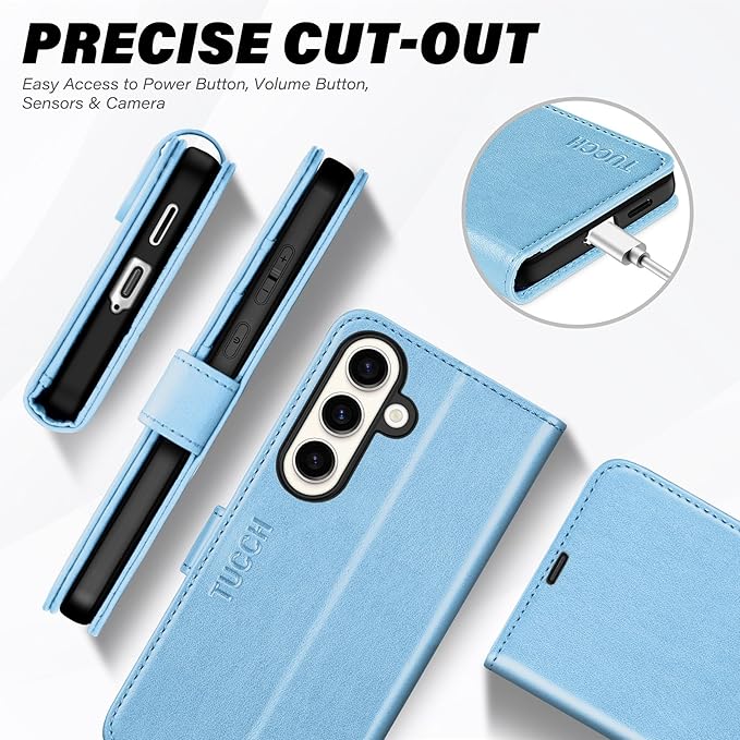 TUCCH Case Wallet for Galaxy S25 FE 5G, Magnetic PU Leather Kickstand [RFID Blocking] 4 Card Slots Flip Cover with [TPU Shockproof Interior Shell] (6.7") 2025, Pearly Light Blue