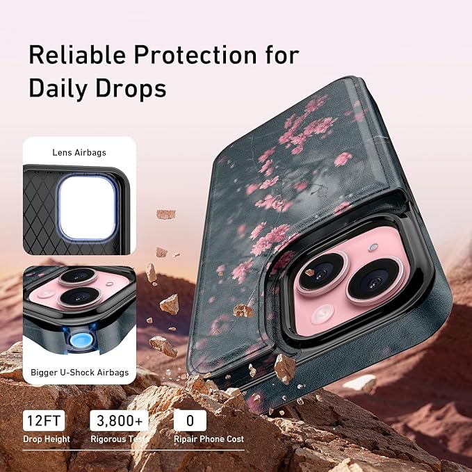 FUNMIKO for iPhone 15 Wallet Case with Card Holder, RFID-Blocking, Military-Grade Protection & UV-Printed Artwork, Magnetic Closure with Leather Kickstand - Mystic Blooming Plum