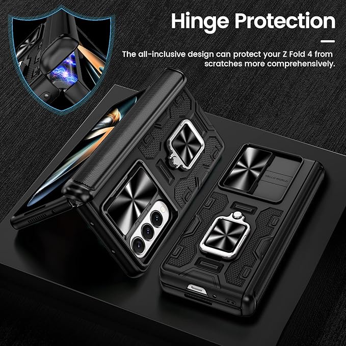 VEGO for Galaxy Z Fold 4 Case with Belt Clip Holster, 360°Ring Magnetic Kickstand & Camera Cover & Front Screen Protector, Hinge Protection Shockproof Armor Cover - Midnight Black