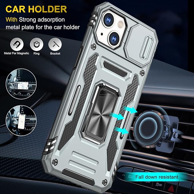 Phone Case for iPhone 14 Case with Kickstand Ring Holder, with Camera Cover, with Magnetic Car Mount Function, for iPhone 14 (Grey)
