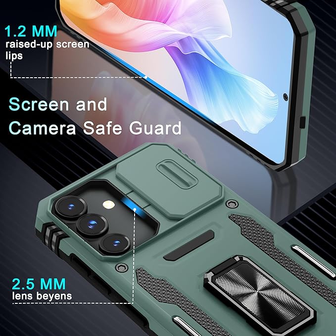DEERLAMN Case for Samsung Galaxy S25 6.2-Inch with Slide Camera Cover+Screen Protector (1 Pack), Rotated Ring Kickstand Military Grade Shockproof Protective Cover-Green