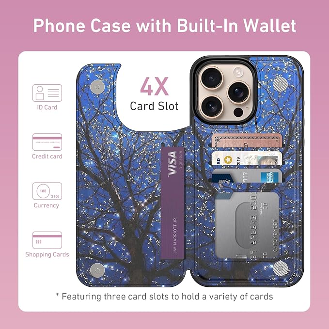 FUNMIKO for iPhone 16 Pro Max Wallet Case with Card Holder, RFID-Blocking, Military-Grade Protection & UV-Printed Artwork, Magnetic Closure with Leather Kickstand - Dreamy Wishing Tree