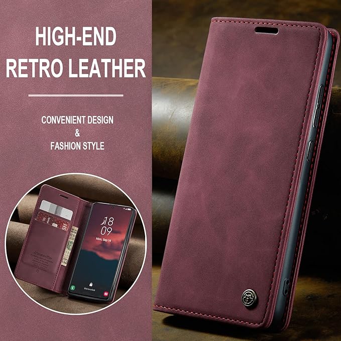 SINIANL for Samsung Galaxy S23 Leather Case, Vintage Wallet Case Book Folding Flip Case with Kickstand Card Holders Slots Protective Cover for Galaxy S23 Wine Red
