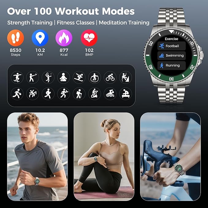AI Smart Watch for Men Women -1.19" Luxury Smartwatch with Bluetooth Call, 24/7 Heart Rate, 100+ Exercise Modes, Fitness Sleep Monitor for iPhone Android, 2025, Silver Green