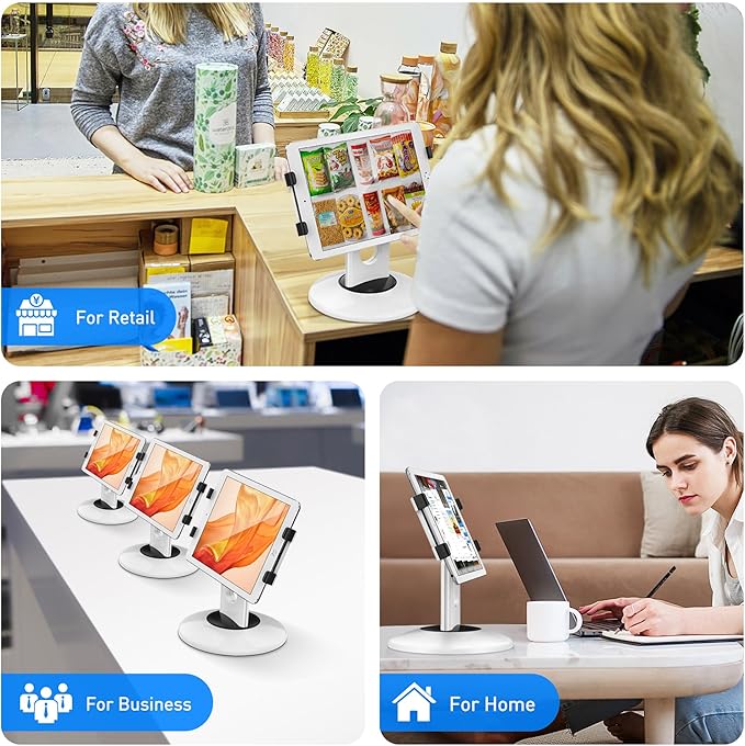 AboveTEK Retail Kiosk iPad Stand, 360° Rotating Commercial POS Tablet Stand, Fits 6"-13" (Screens) iPad mini Pro-Business Swivel Tablet Holder, for Store Office Reception Kitchen Desktop (White)
