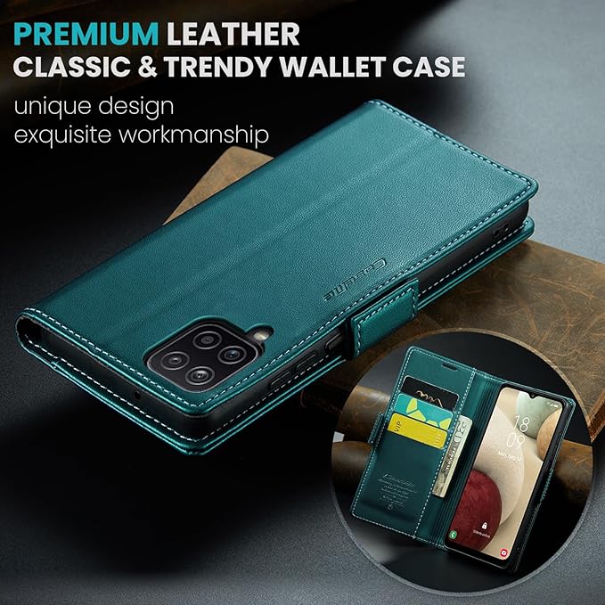 for Samsung Galaxy A12 5G Case, Premium PU Leather Wallet Case Flip Cover with [RFID Blocking][Card Holder][Stand Function] Shockproof Protective for Samsung Galaxy A12, Blue-Green