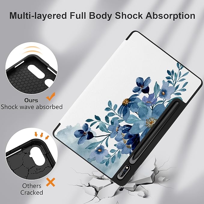 Case for Samsung Galaxy Tab S8 2022 & S7 2020, Shockproof Tablet Case for Samsung Tab S8/S7 11 inch with Auto Sleep/Wake & Trifold Stand & Soft TPU Back Cover, Blue Floral