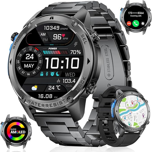 GPS Smart Watch for Men(Answer/Make Call),6 Satellite Positioning/Compass,50M Waterproof,600mAh Extra-large battery,1.43" AMOLED,170 Fitness Sports Modes/Heart Rate/SpO2/pedometer for Android/iOS
