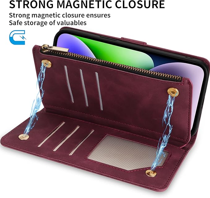 ZZXX for iPhone 14 Plus Case Wallet with [RFID Blocking] Card Slot Premium PU Leather Zipper Flip Folio with Wrist Strap Kickstand Protective Cover for iPhone 14 Plus Wallet Case(Wine Red-6.7 inch)