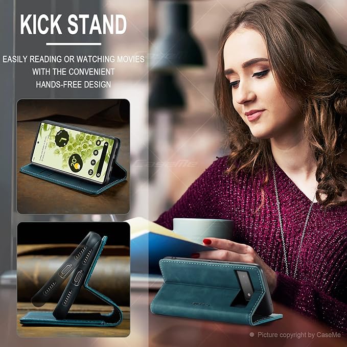 for Google Pixel 6 Case, Flip Wallet Leather Case with Card Holder Magnetic Closure Shockproof Kickstand Protective Phone Cases Cover for Google Pixel 6,Blue-Green