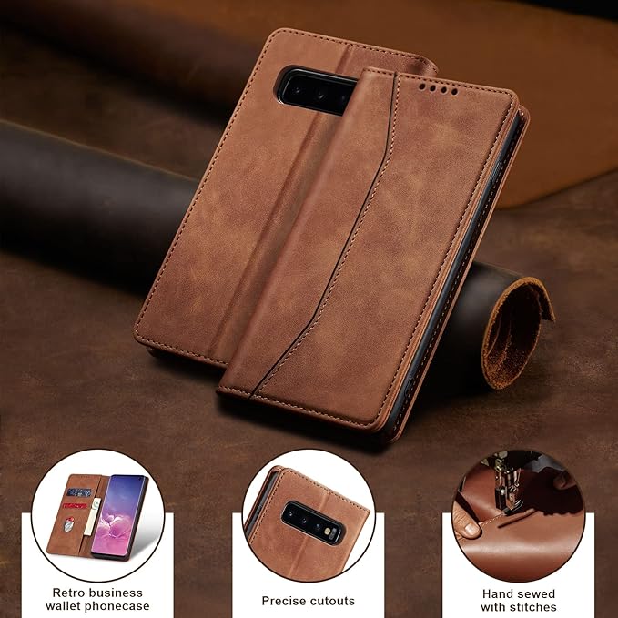 Jasonyu Flip Wallet Case for Samsung Galaxy S10,Leather Magnetic Folio Cover with Card Holder,Kickstand - TPU Shockproof Durable Protective Phone Case,Brown