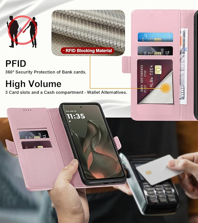 Wallet Flip Case for Motorola Edge (2025) - [RFID Blocking] Luxury PU Leather Card Holder Magnetic Phone Cover with Kickstand,Shockproof Protective Case,Pink