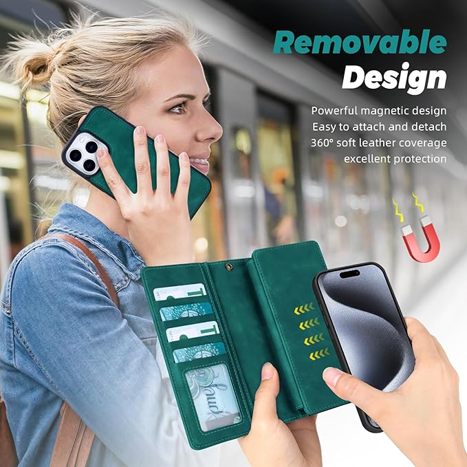 TwoHead Wallet Case Compatible with iPhone 15 Pro,Detachable Magnetic Phone Case,All-Round Protective Leather Phone Case with Card Holder,6.1 in,Green