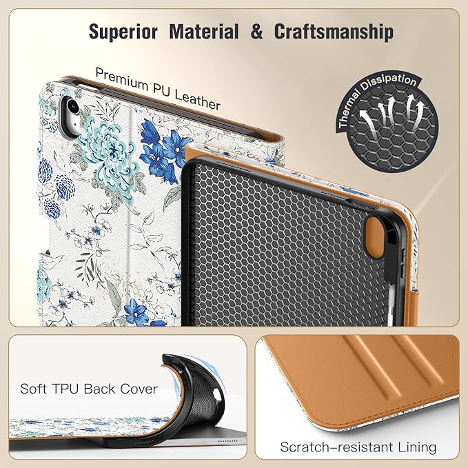 MoKo for iPad (A16) 11th Generation Case 11 inch 2025, iPad 10th Generation Case 10.9" 2022 with Pencil Holder & Pocket, Premium Leather Folio Stand Cover, Multiple Viewing Angles, White Blue Floral