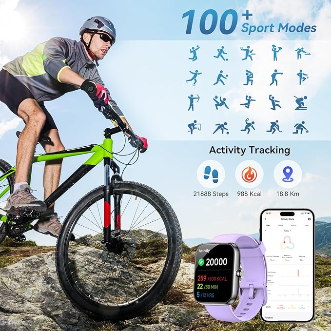 Smart Watch with Alexa Built-in, 1.83" HD Touchscreen & Fitness Tracker with Message Call Function, 24/7 Heart Rate/Sleep Monitor, 120+ Sport Modes, IP68 Waterproof, for Android iPhone (Purple)