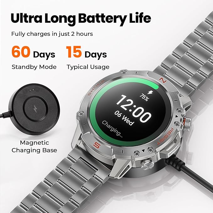 WalkerFit Military Rugged Smart Watch for Men 1.43" AMOLED Smartwatch, Always-on, 3ATM Waterproof for Swim,Accurate HR Sleep Monitor,Bluetooth Call Fitness Watch for iPhone Andriod Compatible, Silver