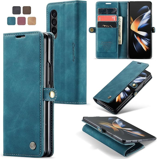 for Samsung Galaxy Z Fold4 Case, Flip Wallet Leather Case with Card Holder Magnetic Closure Shockproof Kickstand Protective Phone Cases Cover for Samsung Galaxy Z Fold4,Blue-Green
