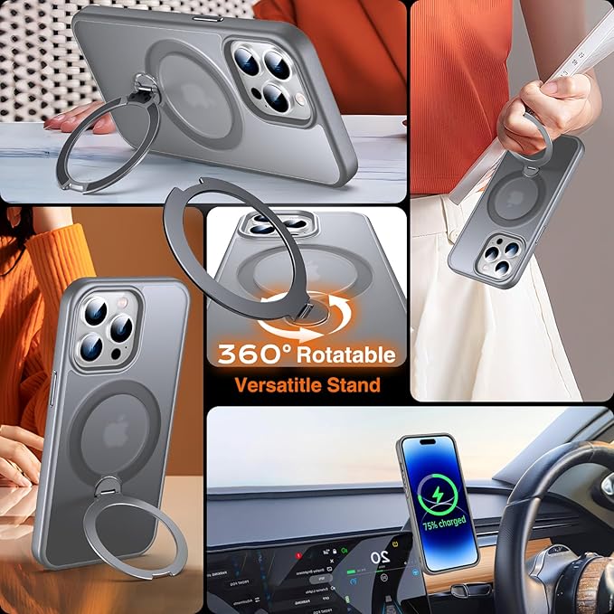 360° O-Ring MagStander for iPhone 14 Pro Case with Magnetic Kickstand Ring Holder [Compatible with MagSafe][360°Rotate Stand Ring][Military Shockproof] iPhone 14 Pro Phone Cover Matte Grey