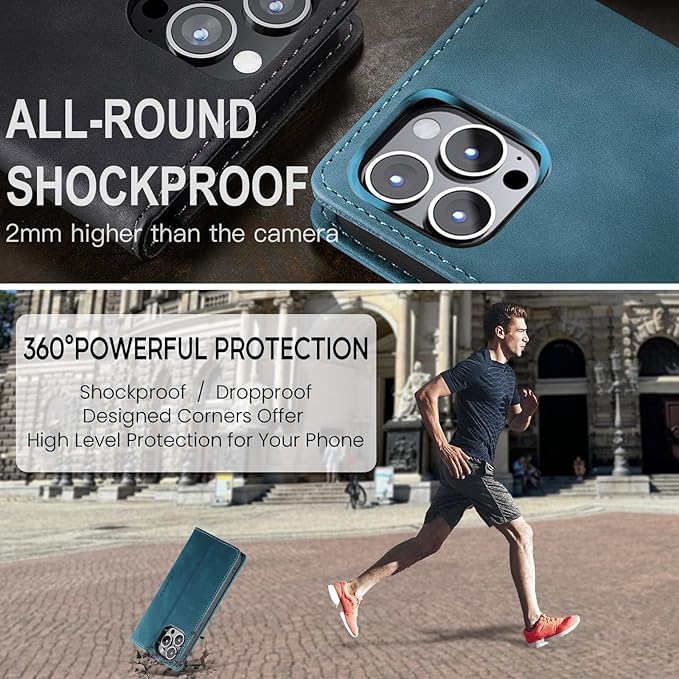 for iPhone 15 Pro Case, Flip Wallet Leather Case with Card Holder Magnetic Closure Shockproof Kickstand Protective Phone Cases Cover for iPhone 15 Pro, Blue-Green