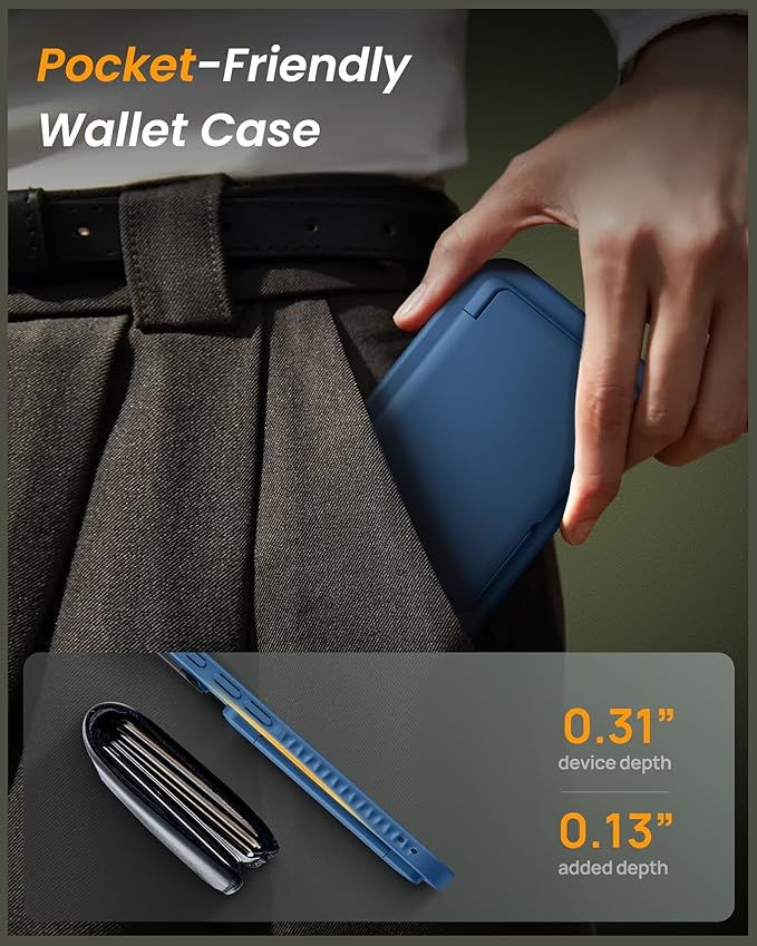 for iPhone 17 Case with Card Holder, Built-in Stand & Camera Lens Cover, Shockproof Rugged Silicone Bumper Raised Edge Protective Wallet Phone Case for iPhone 17 6.3" 2025, Blue