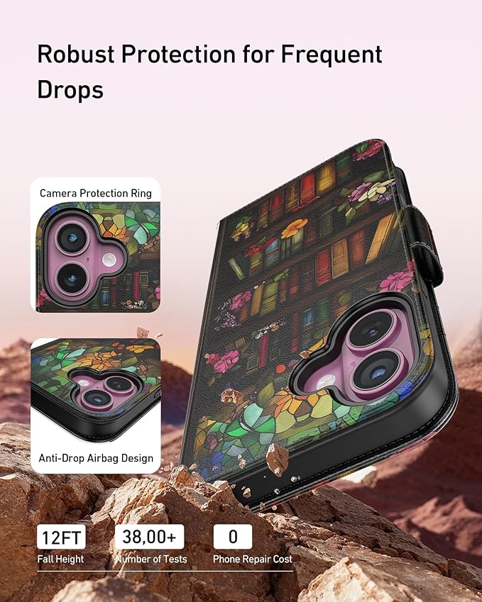 DEENAKIN for iPhone 16 Plus Wallet Case with Card Holder + Cash Clip, RFID-Blocking, Military-Grade Drop Protection, Magnetic Closure with Leather Kickstand - Bookshelf Flowers