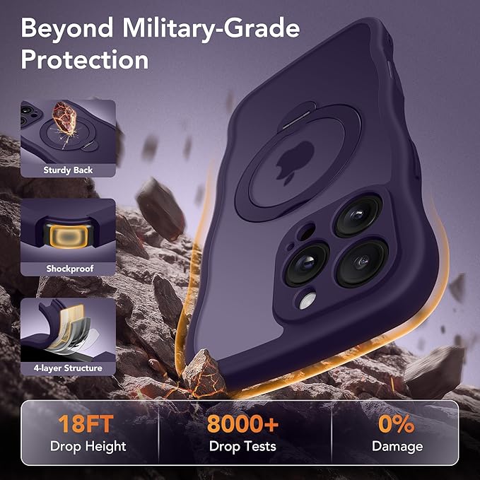 for iPhone 16 Pro Max Case for Women,[Compatible with Magsafe][360° Spin Magnetic Stand][Cute Wave Edge][Military-Grade Protection]Translucent Matte Phone Case for iPhone 16 ProMax, Dark Purple