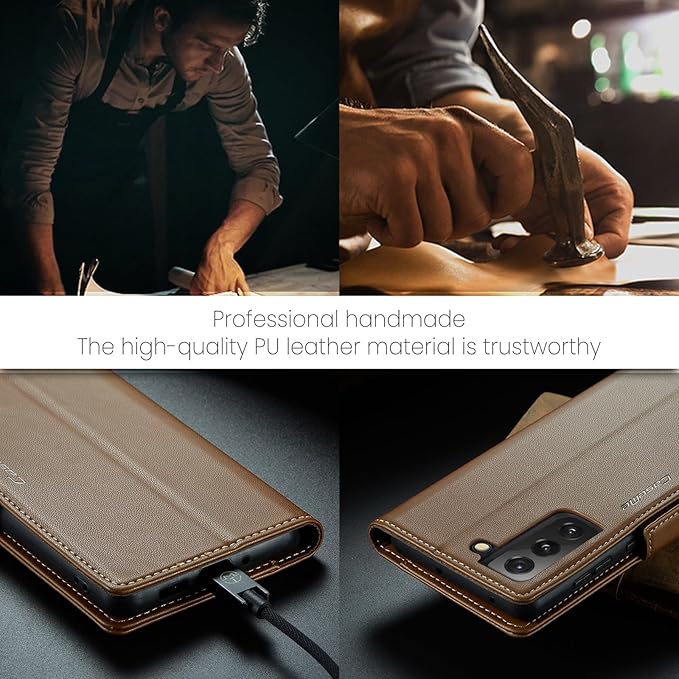 AUPAI for Samsung Galaxy S21 FE Wallet Case with Credit Card Holder, PU Leather RFID Blocking Folio Flip Kickstand Magnetic Clasp Protective Phone Cover for Women Men Brown