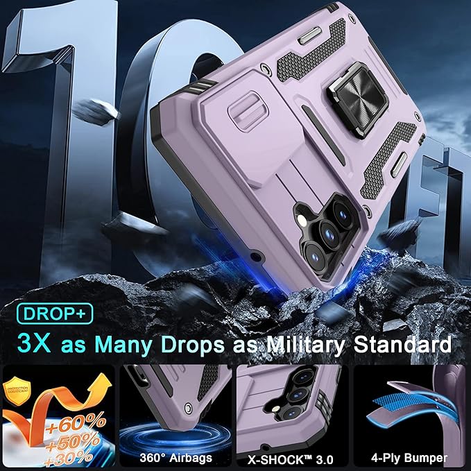 DEERLAMN Case for Samsung Galaxy S23 FE 6.4-Inch with Slide Camera Cover+Screen Protector(1 Pack),Rotated Ring Kickstand Military Grade Shockproof Protective Cover-Deep Purple