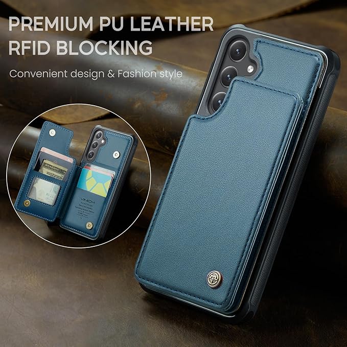 Vinich for Samsung Galaxy S25 Plus Wallet Case with Card Holder, RFID Blocking Credit Slots Kickstand Shockproof Phone Cover for Women Men, Blue