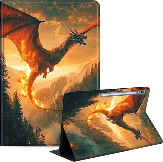 Case for Samsung Galaxy Tab S10 Plus/ S9 FE Plus/ S9 Plus 5G Tablet 12.4'', Slim PU Leather Stand Cover with Auto Wake/Sleep, Multi-Angle Viewing & Shockproof, Dragon Forest Flames