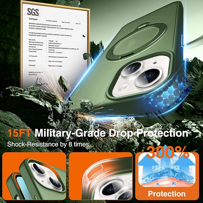 360° O-Ring MagStander for iPhone 15 Case with Magnetic Kickstand Ring Holder [Compatible with MagSafe][360°Rotate Stand Ring][Military Shockproof] Magnet iPhone 15 Phone Cover Matte Green