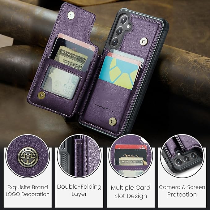 Vinich for Samsung Galaxy S24 FE Wallet Case with Card Holder, RFID Blocking Credit Slots Kickstand Shockproof Phone Cover for Women Men, Purple