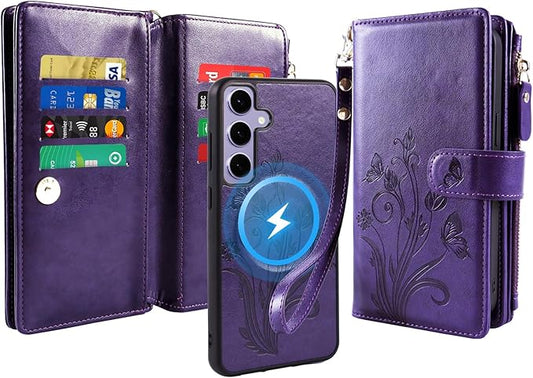 Lacass for Samsung Galaxy S24 FE S24FE Case Wallet,Compatible with MagSafe 2 in 1 Magnetic Detachable PU Leather RFID Blocking Wallet Cover Card Holder Zipper Wrist Strap Lanyard,Floral Purple